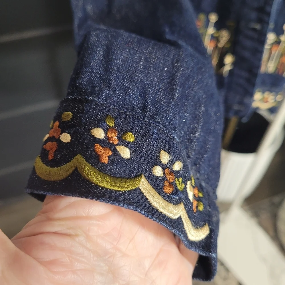 Vintage Signature By Jerell Blue Denim Jacket with Fringe Raw Hem and Embroidery